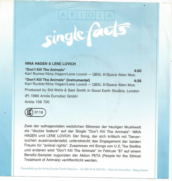 Nina Hagen / Lene Lovich : Don't Kill The Animals (7", Single)