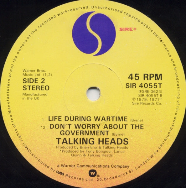 Talking Heads : Life During Wartime (Live) (12", Single, Ltd)