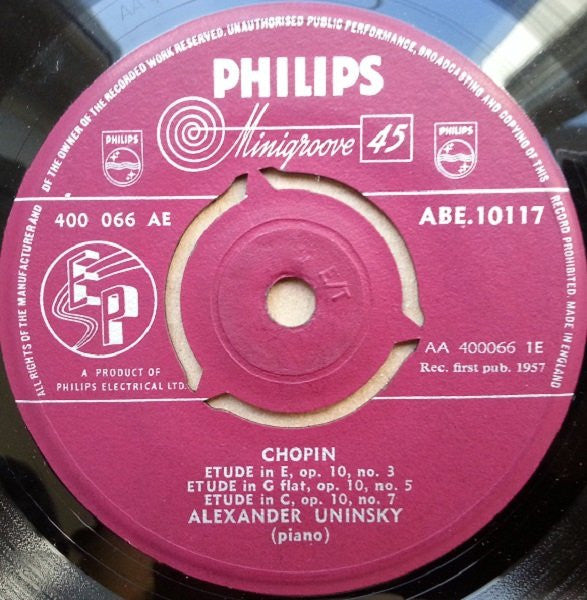 Frédéric Chopin, Alexander Uninsky : Etudes Op. 10 Nos. 3, 5, 7, 8, 10, 12 (7", EP)