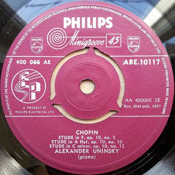 Frédéric Chopin, Alexander Uninsky : Etudes Op. 10 Nos. 3, 5, 7, 8, 10, 12 (7", EP)