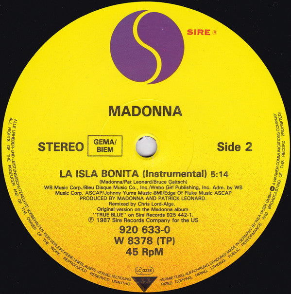 Madonna : La Isla Bonita (12", Maxi)