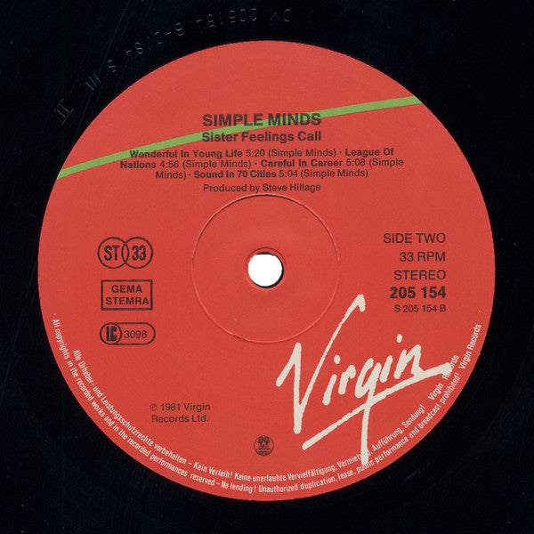 Simple Minds : Sister Feelings Call (LP, Album, No )