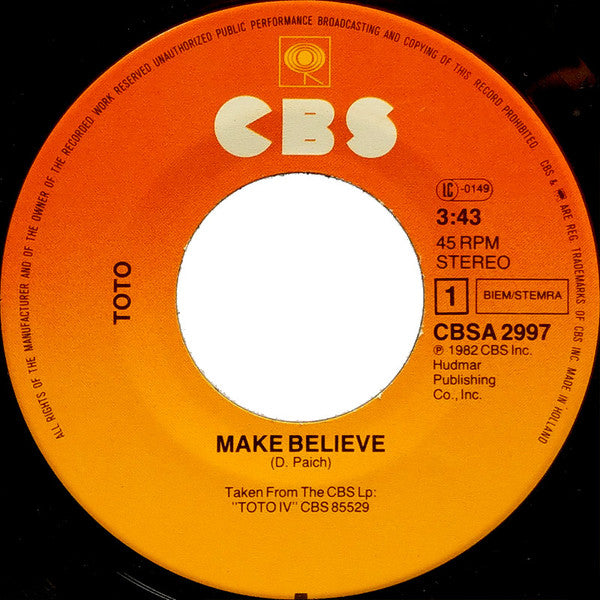 Toto : Make Believe (7", Single)