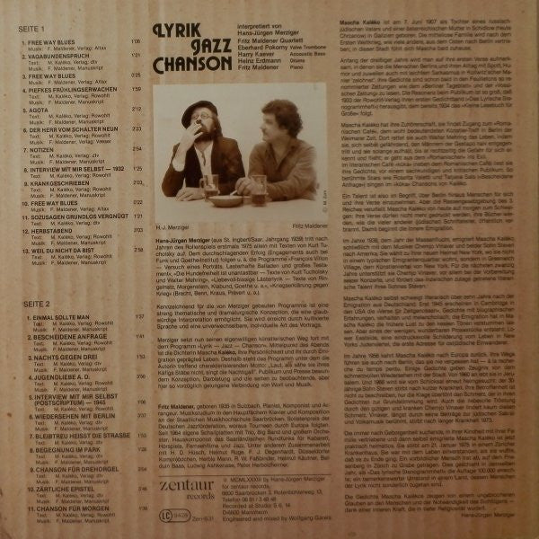 Mascha Kaléko - Hans Jürgen Merziger, Fritz Maldener : Lyrik · Jazz · Chanson (Gedichte Von Mascha Kaléko Interpretiert Von Hans Jürgen Merziger) (LP, Album)