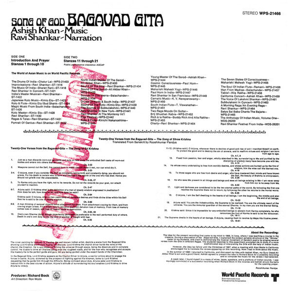 Aashish Khan, Ravi Shankar : Song Of God - Bagavad Gita  (LP, Album, RE, Gat)