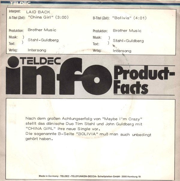 Laid Back : China Girl (7", Single, Promo)