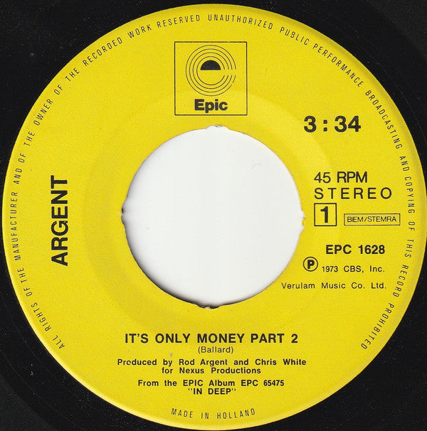 Argent : It's Only Money Part 2 (7", Single)