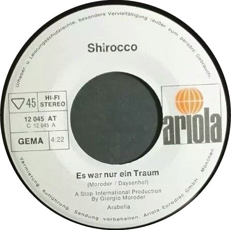 Shirocco : Es War Nur Ein Traum (7", Single)