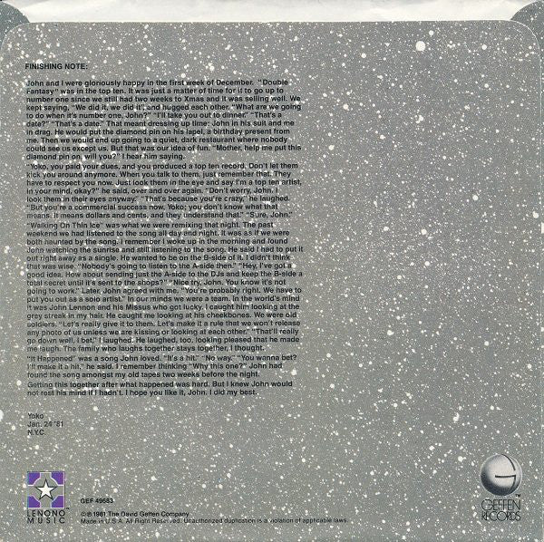 Yoko Ono : Walking On Thin Ice - For John (7", Spe)