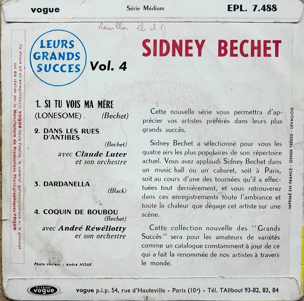 Sidney Bechet : Si Tu Vois Ma Mère (7", EP, RE, 3-p)
