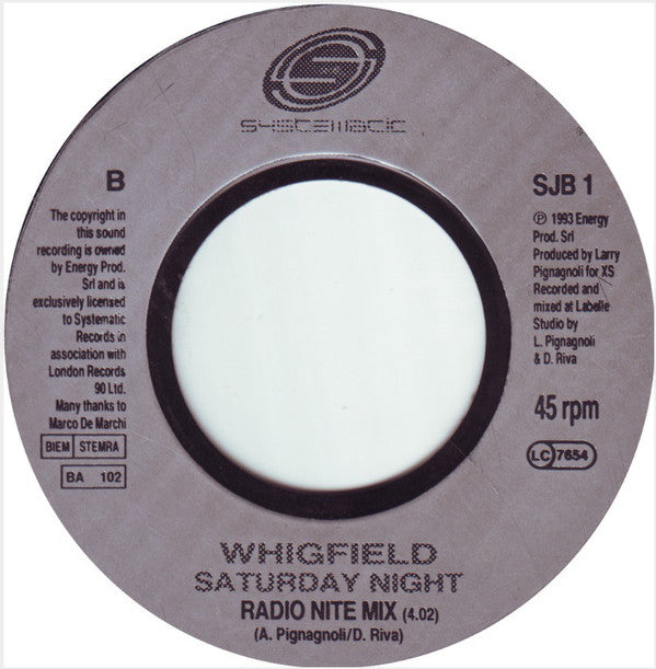 Whigfield : Saturday Night (7", Single, Jukebox)