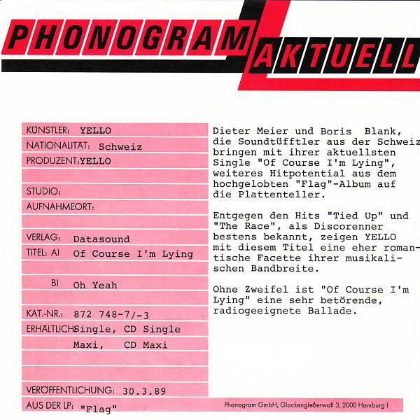 Yello : Of Course I'm Lying (7", Single)