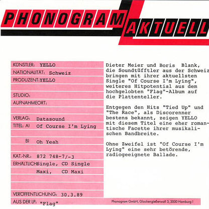 Yello : Of Course I'm Lying (7", Single)