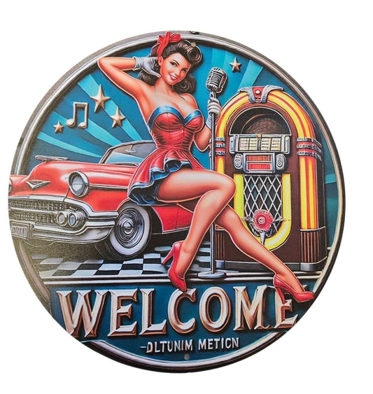 Rond Metalen Bord – Retro Welcome Diner & Jukebox