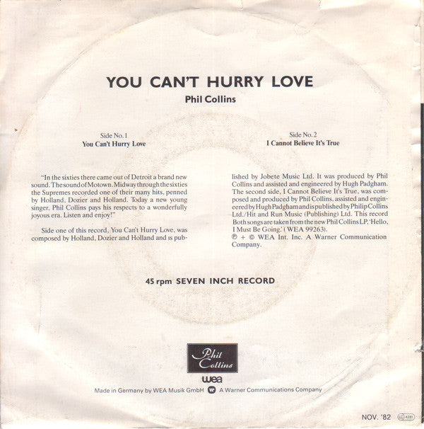 Phil Collins : You Can't Hurry Love (7", Single)