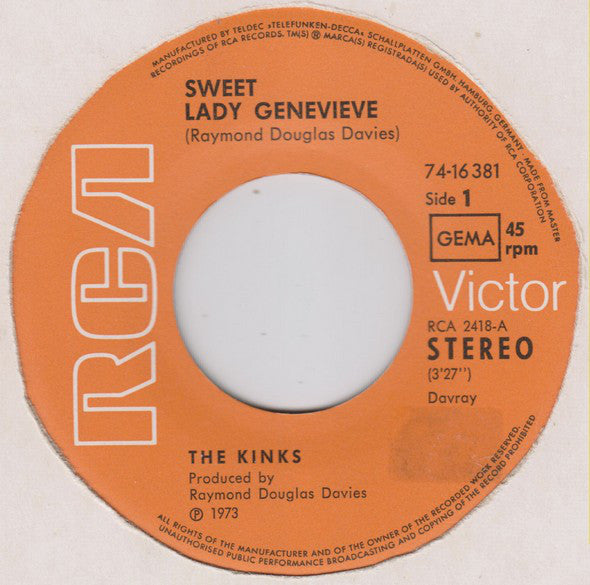 The Kinks : Sweet Lady Genevieve / Sitting In My Hotel (7", Single)