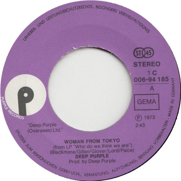 Deep Purple : Woman From Tokyo / Black Night (Live Version) (7", Single)