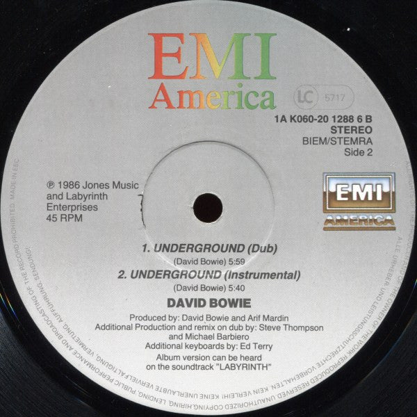 David Bowie : Underground (Extended Dance Mix) (12", Single)