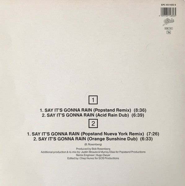 Will To Power : Say It's Gonna Rain (New Remixes) (12", Maxi)