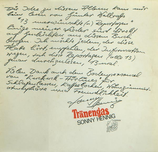 Sonny Hennig : Tränengas (LP, Album)