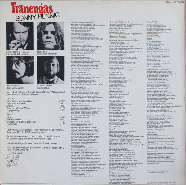 Sonny Hennig : Tränengas (LP, Album)