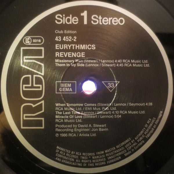 Eurythmics : Revenge (LP, Album, Club)