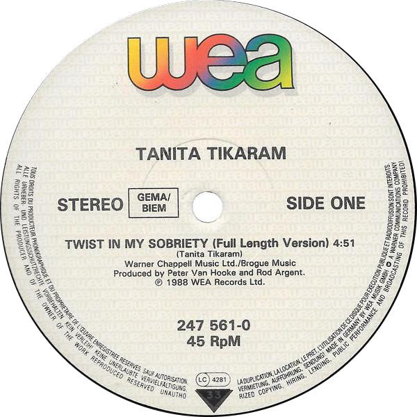 Tanita Tikaram : Twist In My Sobriety (Full Length Version) (12")