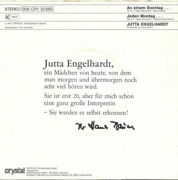 Jutta Engelhardt : An Einem Sonntag Im Sommer (7", Single)
