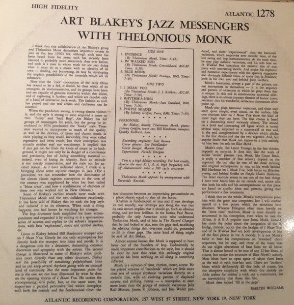 Art Blakey's Jazz Messengers* With Thelonious Monk : Art Blakey's Jazz Messengers With Thelonious Monk (LP, Album, Mono)