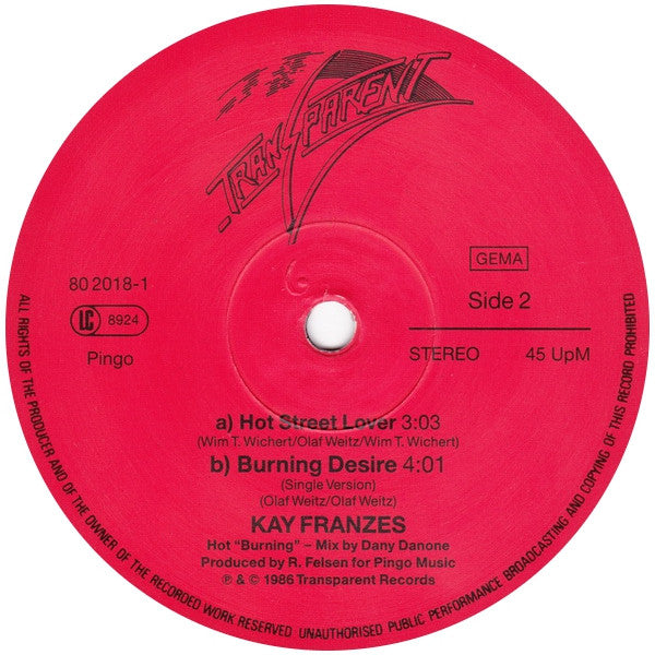 Kay Franzes : Burning Desire (Hot Burning Mix) (12", Maxi)