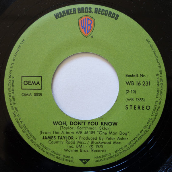 James Taylor (2) : Don't Let Me Be Lonely Tonight / Woh, Don't You Know (7", Single)