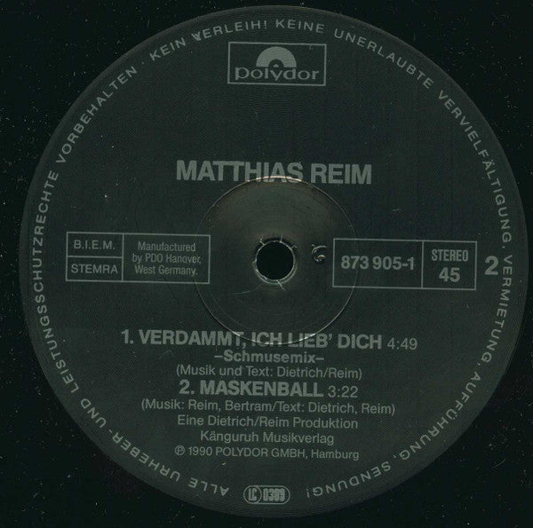Matthias Reim : Verdammt, Ich Lieb' Dich (12", Maxi)