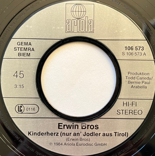Erwin Bros : Kinderherz (Nur An' Jodler Aus Tirol) (7", Single)