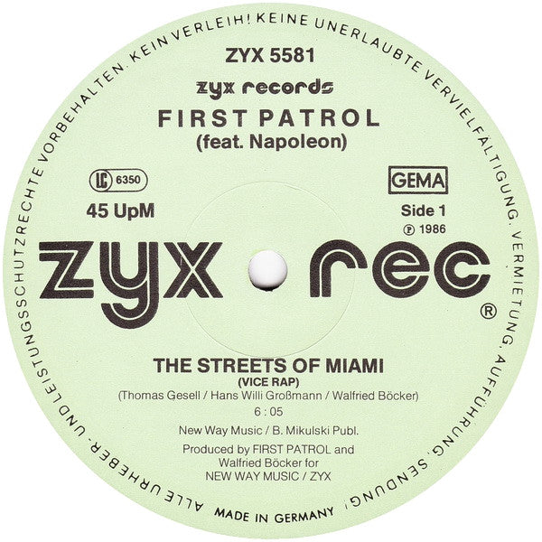 First Patrol Featuring Napoleon* : The Streets Of Miami (Vice Rap) (12", Maxi)