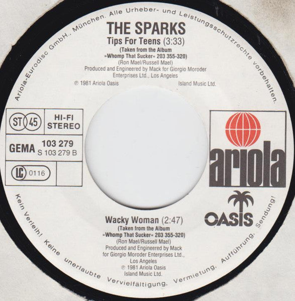 Sparks : Tips For Teens / Wacky Woman (7", Single)
