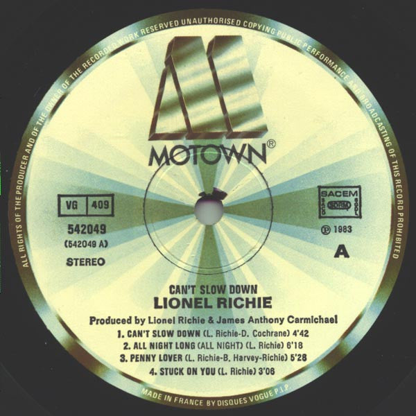Lionel Richie : Can't Slow Down (LP, Album, Gat)