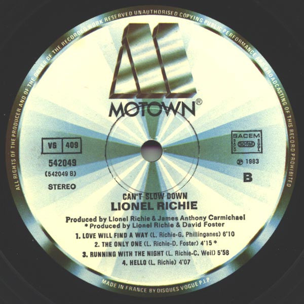 Lionel Richie : Can't Slow Down (LP, Album, Gat)
