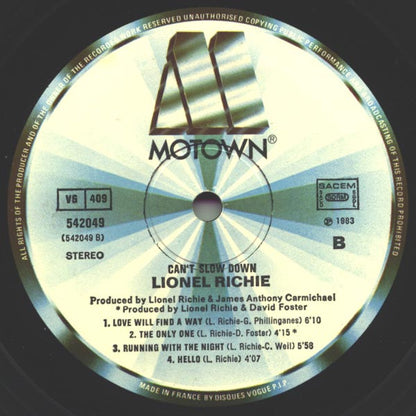 Lionel Richie : Can't Slow Down (LP, Album, Gat)