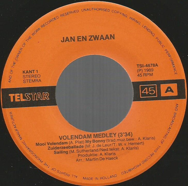 Jan & Zwaan : Volendam Medley (7", Single)