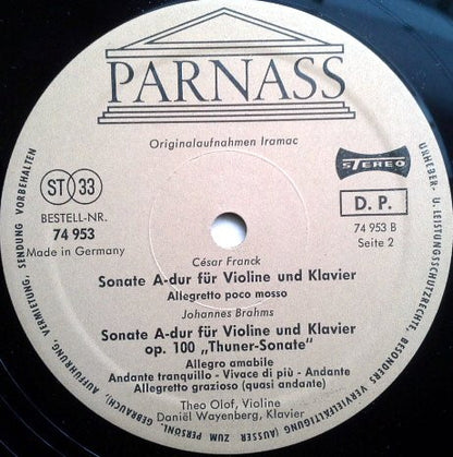 Brahms*, César Franck, Theo Olof, Daniel Wayenberg : Sonate A-dur Für Violine Und Klavier Op. 100 "Thuner-Sonate" / Sonate A-dur Für Violine Und Klavier (LP)
