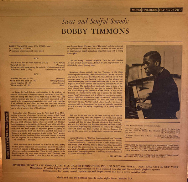Bobby Timmons : Sweet And Soulful Sounds (LP, Album, Mono)