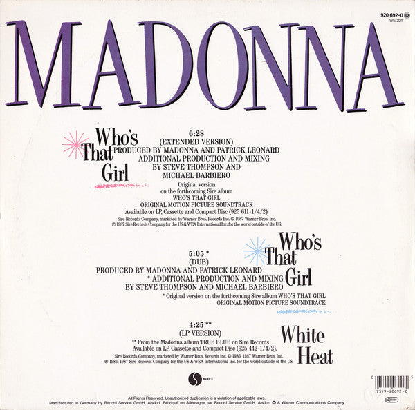 Madonna : Who's That Girl (Extended Version) (12", Maxi)