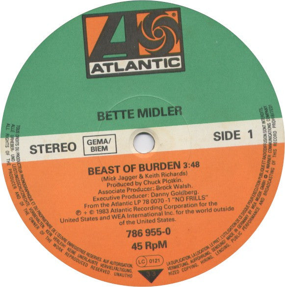 Bette Midler : Beast Of Burden  (12", Maxi)