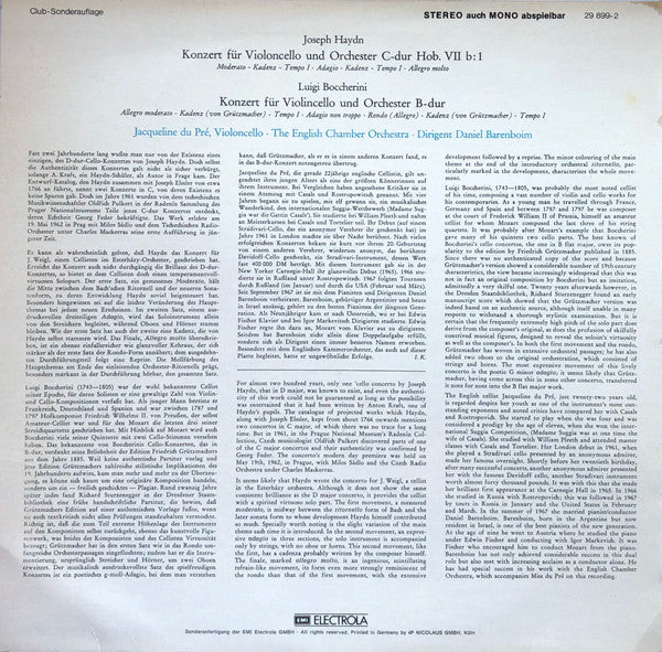 Jacqueline Du Pré - Daniel Barenboim - Haydn* - Boccherini* - The English Chamber Orchestra* : Haydn Cellokonzert C-Dur / Boccherini Cellokonzert B-Dur (LP, Club, RE)