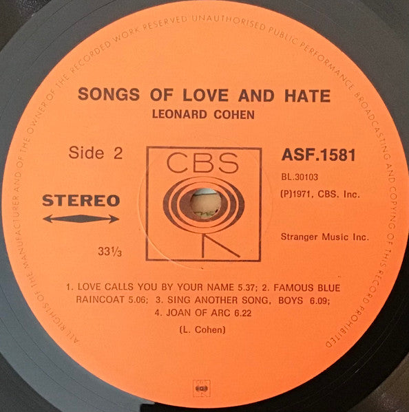 Leonard Cohen : Songs Of Love And Hate (LP, Album)