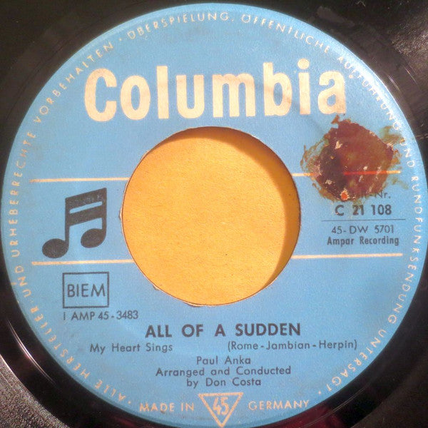 Paul Anka : All Of A Sudden (7", Single, Mono)