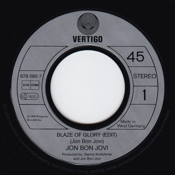 Jon Bon Jovi : Blaze Of Glory (7", Single)
