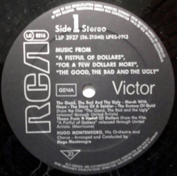 Hugo Montenegro And His Orchestra : Music From 'A Fistful Of Dollars', 'For A Few Dollars More' & 'The Good, The Bad And The Ugly' (LP, Album, RE)