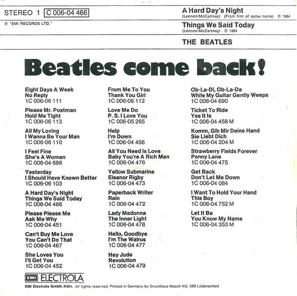 The Beatles : A Hard Day's Night / Things We Said Today (7", Single, RE)