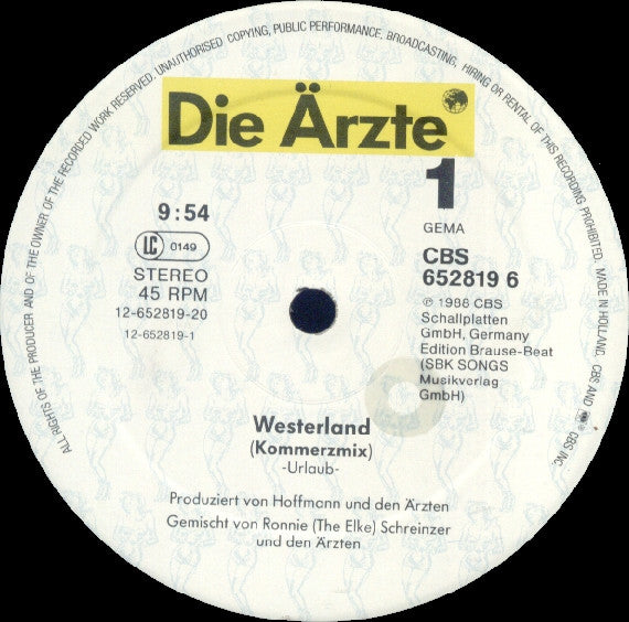 Die Ärzte : Westerland (12", Maxi)